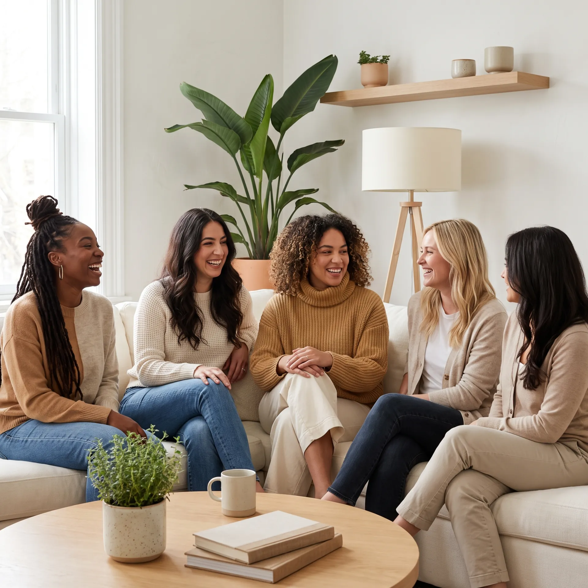Five women laughing together on a couch at a YES! Women's Network community gathering